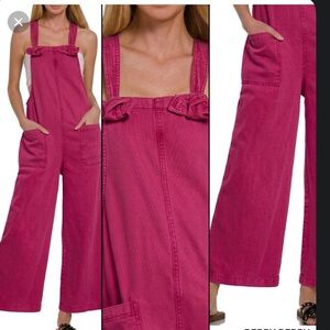 Zenana Washed Knot Strap Pocket Denim Jumpsuit NWT (1864Y)